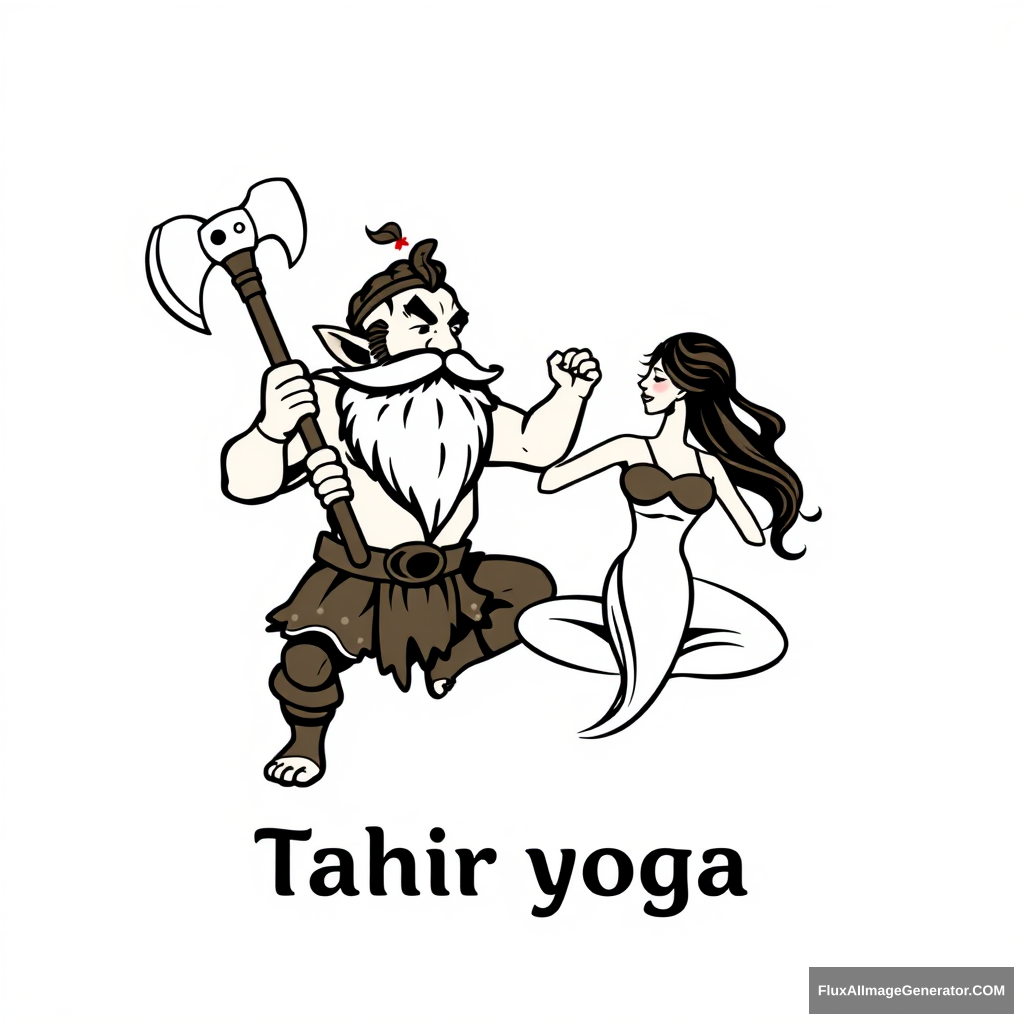 Typical yoga center logo, but with a muscular dwarf-warrior with a beard and axe flirting with a woman by touching her arm in a yoga pose. The text on the logo says “Tahir yoga”.