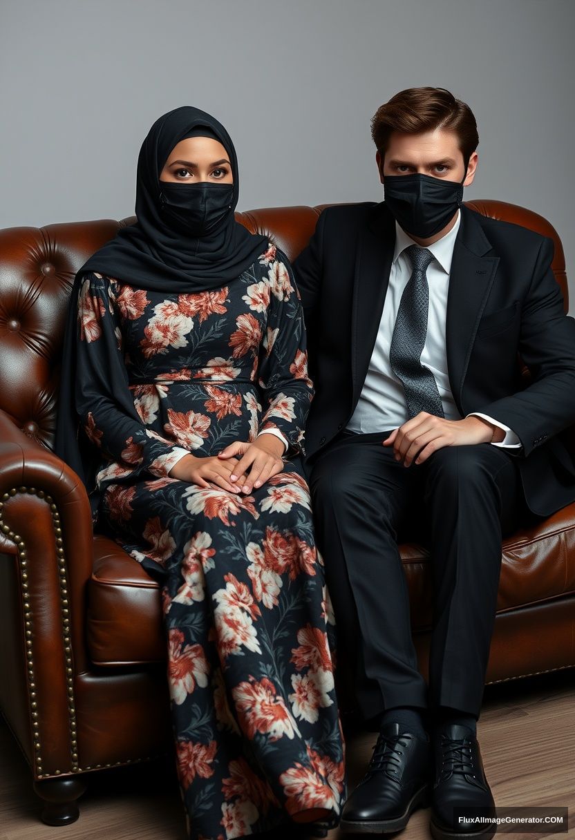 A biggest black hijab girl, slim girl, beautiful eyes, face mask black, biggest floral longest dress, sitting on leather single wing sofa,

Jamie Dornan, youngest, black coat, white shirt, grey pattern tie, black leather sneaker, tall man, face mask black, fit tough body, sitting near her,

hyper realistic, studio photography. - Image