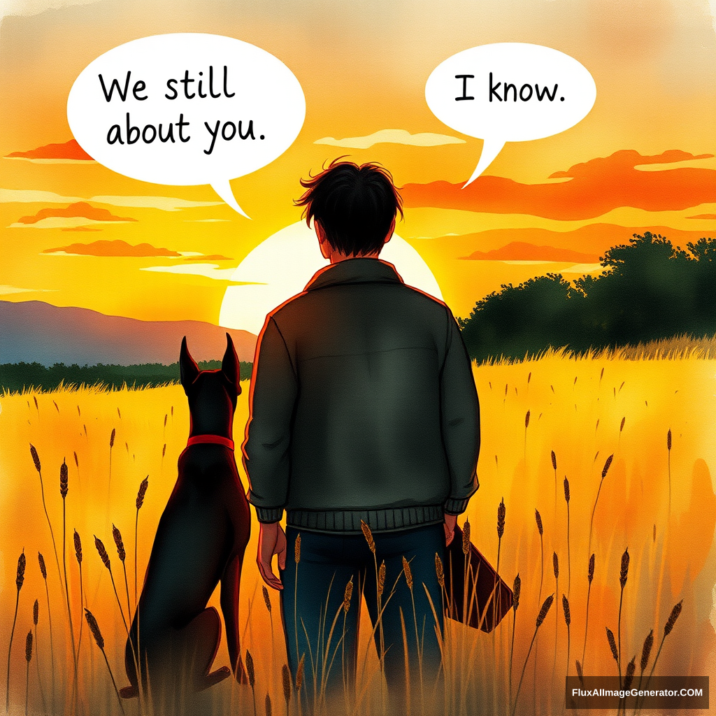 Watercolor illustration: male figure in meadow at golden hour, silhouetted against vibrant sunset sky. Winged canine Doberman companion sat beside. Facing away from the viewer, speech bubbles float above: "We still talk about you" (person), "I know" (dog). Nostalgic atmosphere, brushstrokes convey wistful longing. Warm palette, dreamy textures.