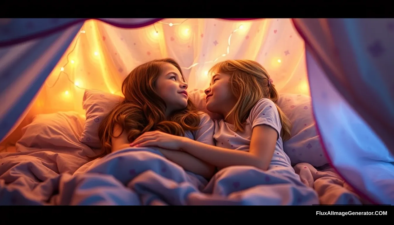 Two girls blush and gently embrace as they realize they have to get much closer together than they expected in their sleepover blanket fort.