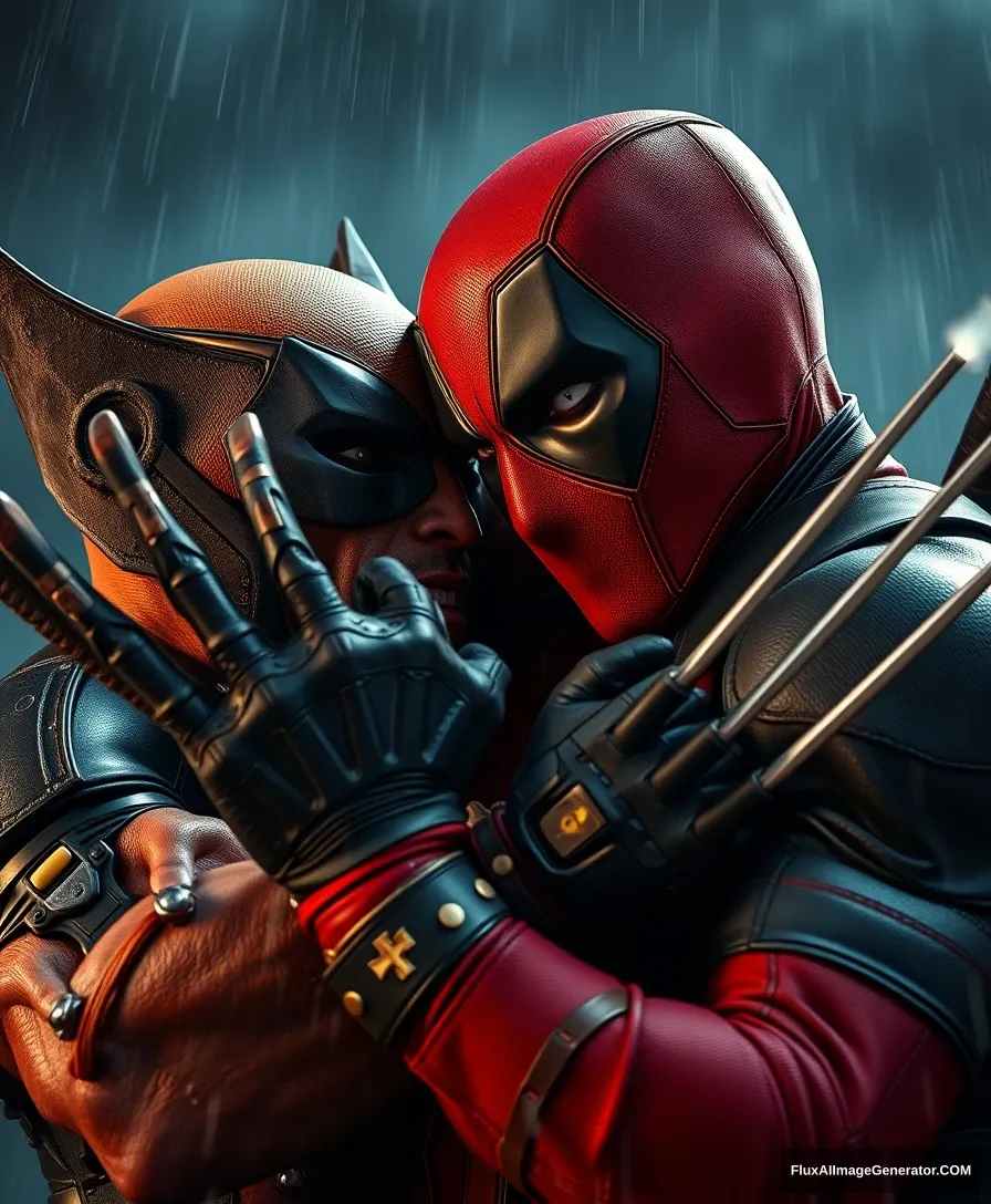 Digital artwork, concept art, Deadpool and Wolverine fighting in comic style, extremely intricate, extremely detailed, ominous lighting, dramatic lighting, dark stormy night, shot with Hasselblad, long exposure intricate, exquisite details and textures, sharp focus, high resolution, detailed eyes, 8k uhd, nikon d850, high quality, film grain, hyper realistic skin (detailed skin:1.3)