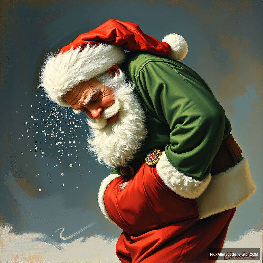 Santa is bent over, wincing as glitter is blown out of his back pocket, a painting by Arthur Sarnoff, 4k.