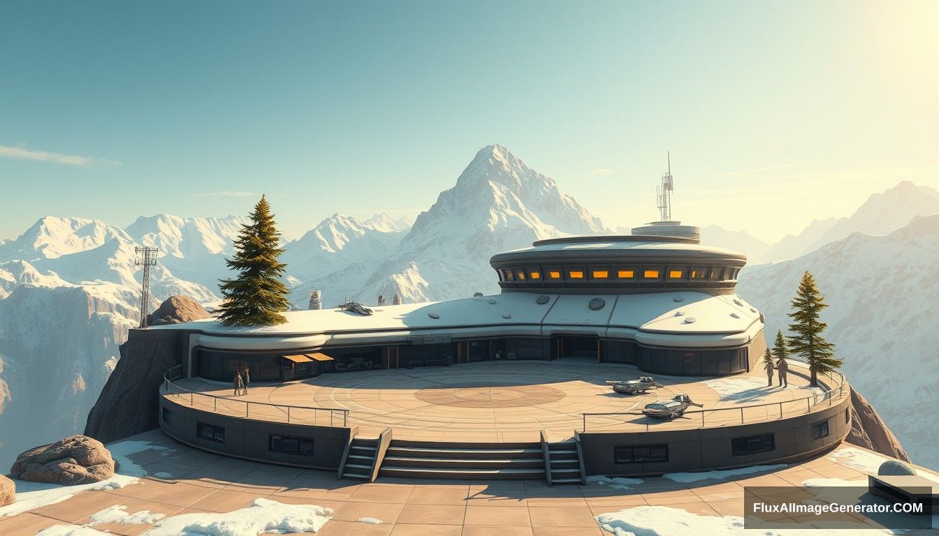 Cel shaded art, wide shot, a sci-fi center on the top of a snow mountain, open air, close look, cyberpunk, military base, Star Wars style, indoor, patio, morning, sunlight, fortress, mountain, rock, snow, tarmac, parking apron, cave, tree, landing field, cliff, round shape, tower. - Image