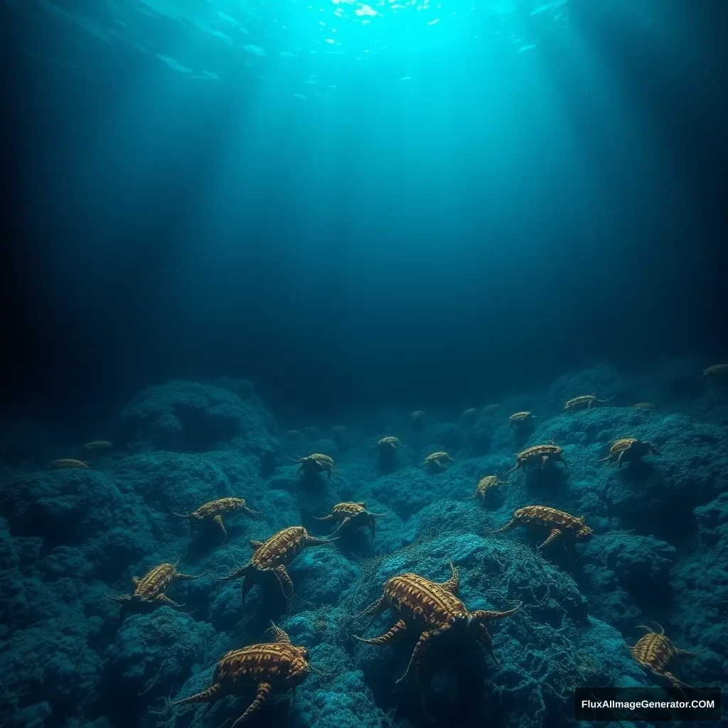 A deep blue ocean with creatures that were not able to be seen by ordinary people. A dimming light coming from above. - Image