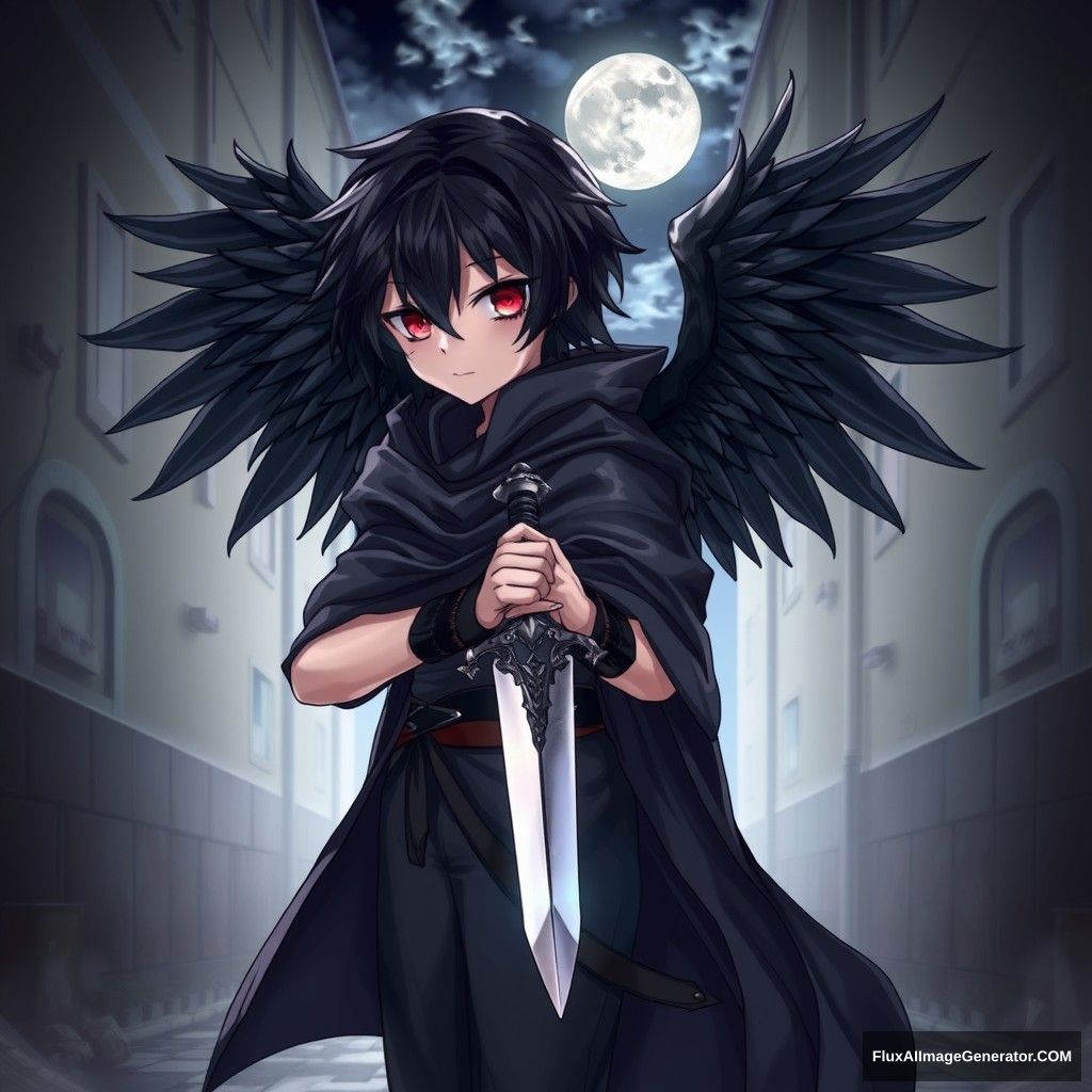 "Assassin boy, with crow wings, red eyes, black hair, black feathers shimmering faintly, dressed in a lightweight black cloak, holding a silver dagger, sharp gaze, background of an alleyway, moonlight filtering through the clouds onto the ground, creating a mysterious and tense atmosphere."