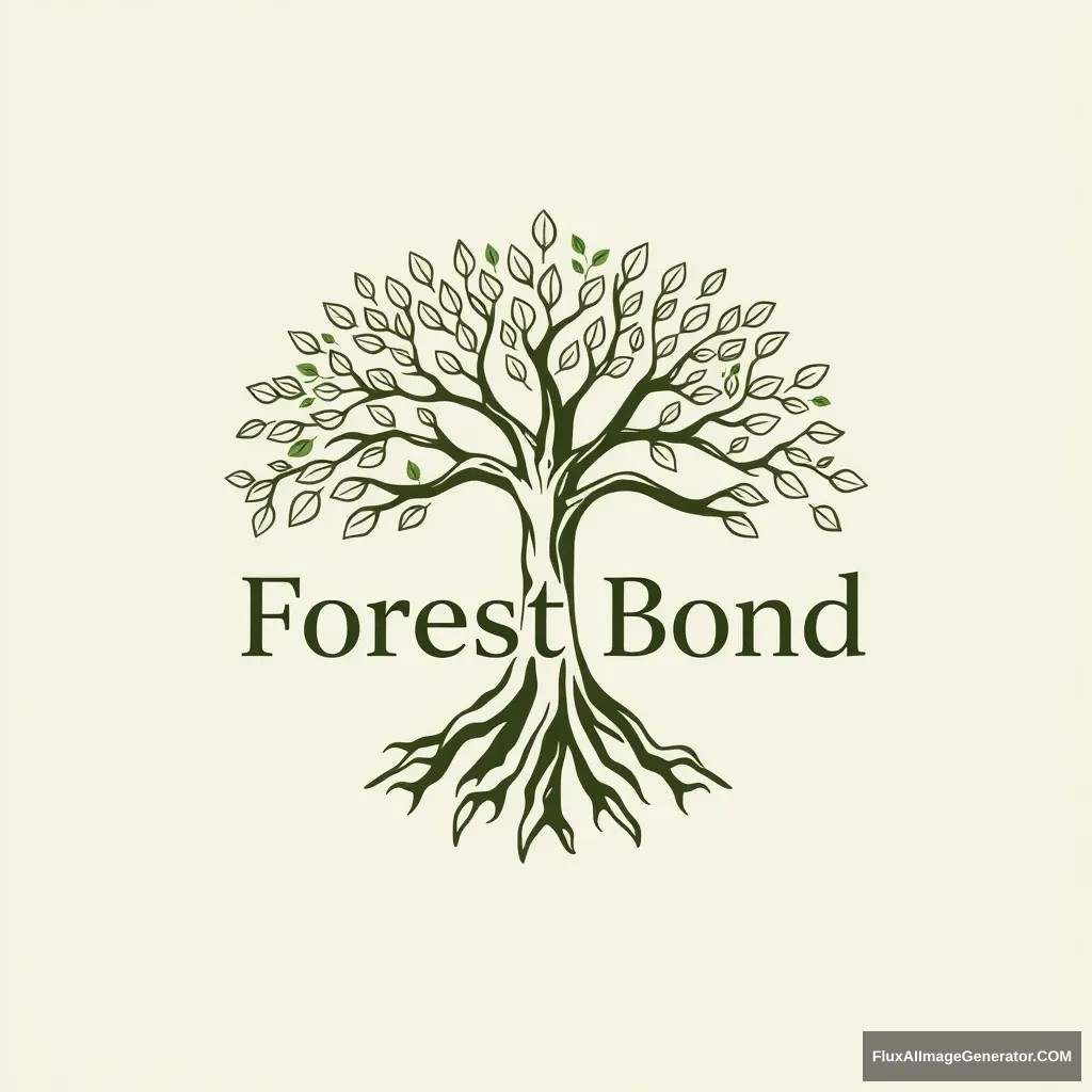 It's a logo for an app called forestbond. It's a tree in the shape of a woman spreading its branches with a lot of leaves. It gives the impression of deep and solid roots. Draw it in a reverent way and write the words Forest Bond in the drawing arc. The feeling should be serious. Don't overlap the drawing and the text.