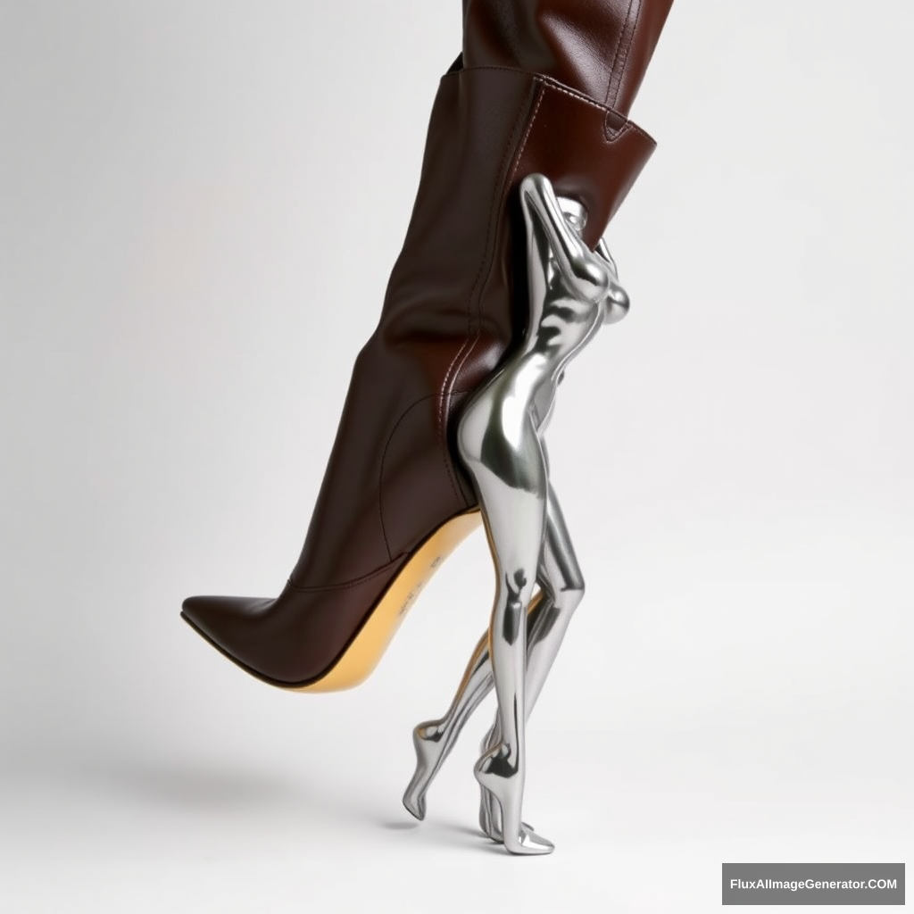 A high-fashion stiletto boot with a sleek, leather upper and a unique heel designed as a metallic sculpture of a woman's body in an artistic and sexy pose who embraces the boot. The heel features the detailed, life-like figure of a woman, with the torso and legs forming the structure. The rest of the boot is a traditional material, like leather, while only the heel is a reflective metal, highlighting the intricate design. The background is minimalist, ensuring the sculpted heel remains the focal point. - Image