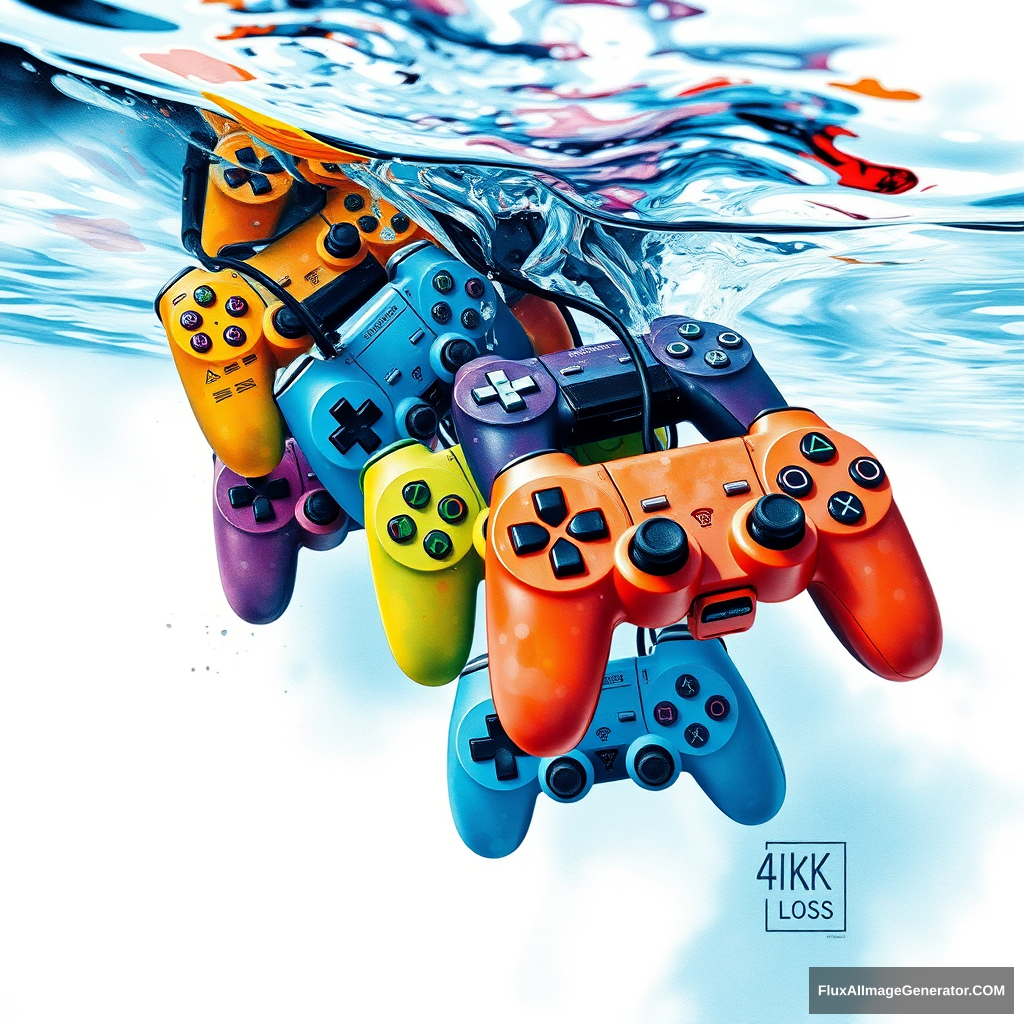 (watercolor) art piece, multiple (colorful game controllers) cascading into (crystal-clear water), visually depicting the sensation of drowning, expressive ripples and splashes, (dynamic movement), subtle blending of hues, creating a hypnotic underwater scene, serene yet melancholic atmosphere, high-contrast details (4K), evoking a sense of loss and nostalgia amidst whimsical imagery.