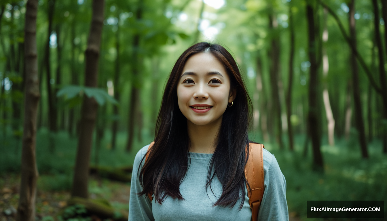 An Asian woman is walking in the forest. She is showing her face.