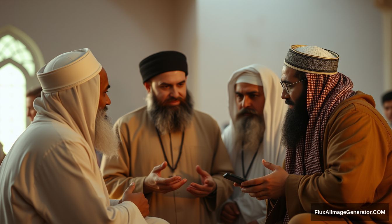 A group of Muslims discussing in Ultra HD, realistic, educational, with warm and cinematic lighting. - Image