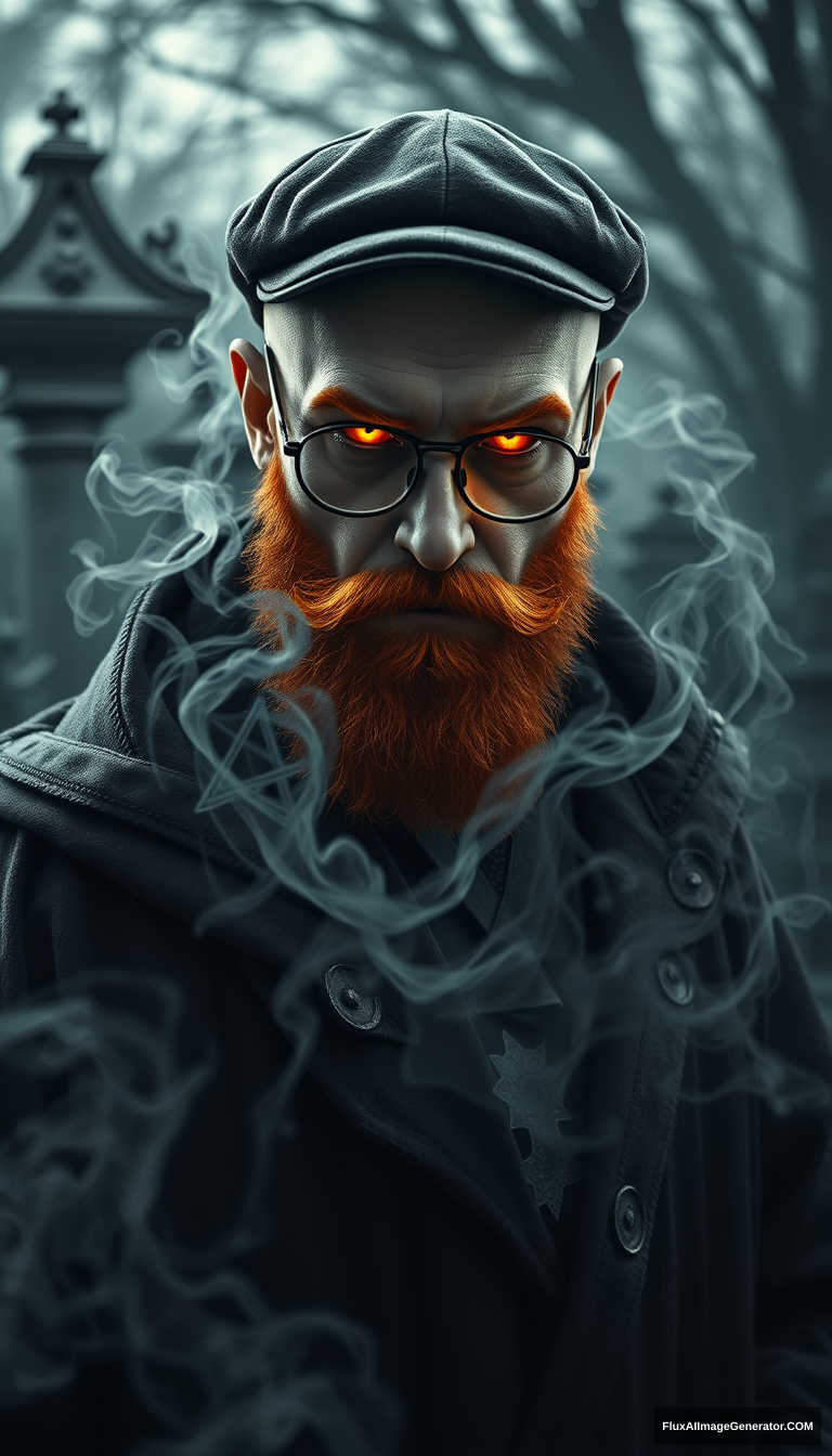 A bald necromancer with a fiery ginger beard, a flat cap, and aviator glasses undergoes a demonic-lich transformation. Arcane sigils are etched on ashen skin, with eyes glowing like hellfire. Tattered robes swirl with ethereal mist. Dark fantasy style, chiaroscuro lighting. Eerie Victorian graveyard backdrop. - Image