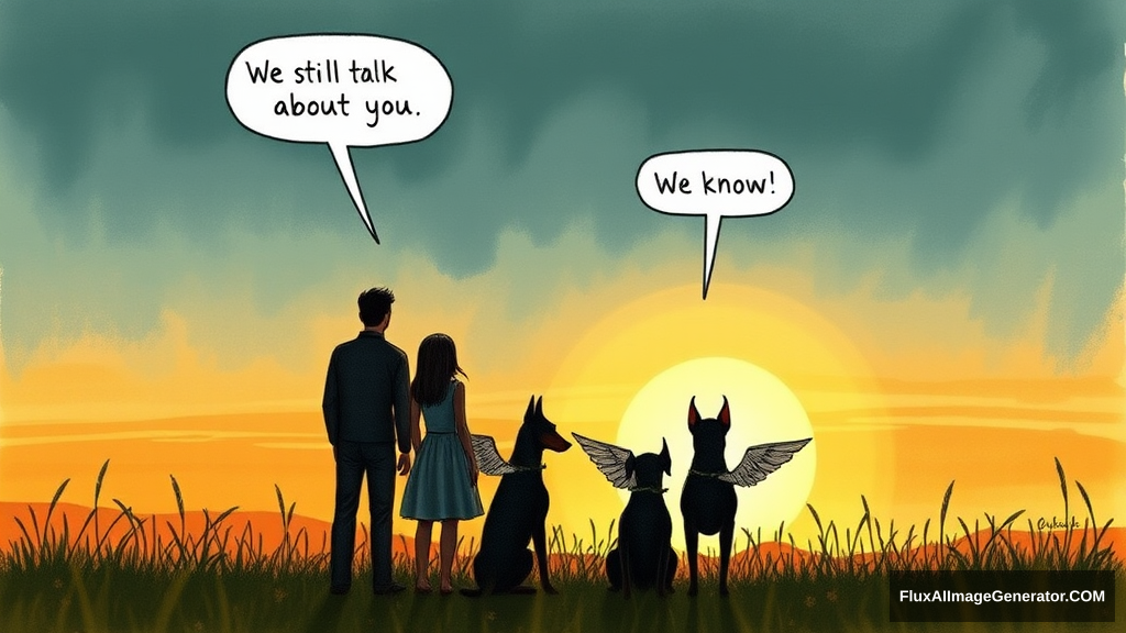 Messy, pencil sketch colour illustration: 4 silhouetted figures—2 male, 2 female—stand in a lush meadow at golden hour. 3 ethereal, winged dobermans sit beside them. Facing away from the viewer. Speech bubbles float above: "We still talk about you" (human), "We know" (dog). Nostalgic atmosphere, convey wistful longing.