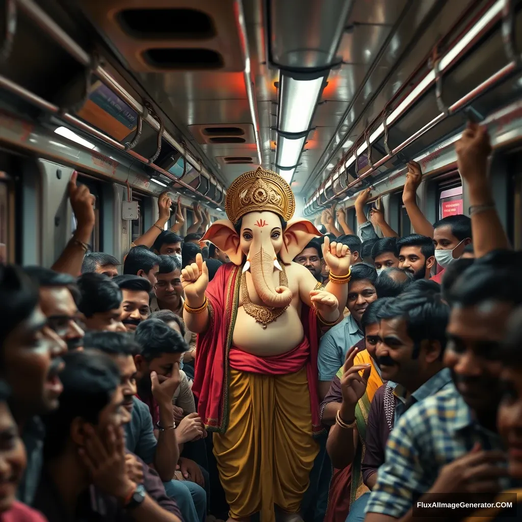 Lord Ganesha, depicted as a real human god, traveling in a packed Mumbai local train during the peak rush hour. The train is crowded, with every inch of space filled by daily commuters, all jostling for room. Ganesha, standing calmly amidst the crowd, blends in with the other passengers a touch of divine aura.

The scene should capture the essence of Mumbai's local trains: the hustle and bustle, the energy, and the diversity of people—office workers, students, and vendors—all squeezed together, holding onto the overhead handles or leaning against the doors. Despite the cramped space, there’s a sense of excitement in the air as a few passengers recognize Ganesha. Their expressions range from surprise to joy, with some whispering among themselves and others offering a silent prayer. unreal engine, 4k, evening time, little duct, smiling faces, happy, fast, speed, Mumbai local train. - Image