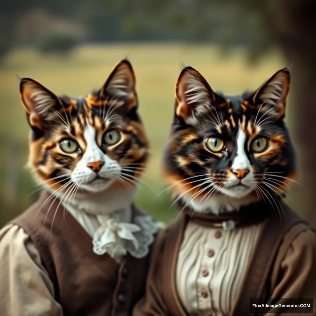 Portrait of two cat sisters; one has a light stripe down her nose, and her fur is dark brown with orange and a few white patches. They are wearing Edwardian clothing, and the background is pastoral.