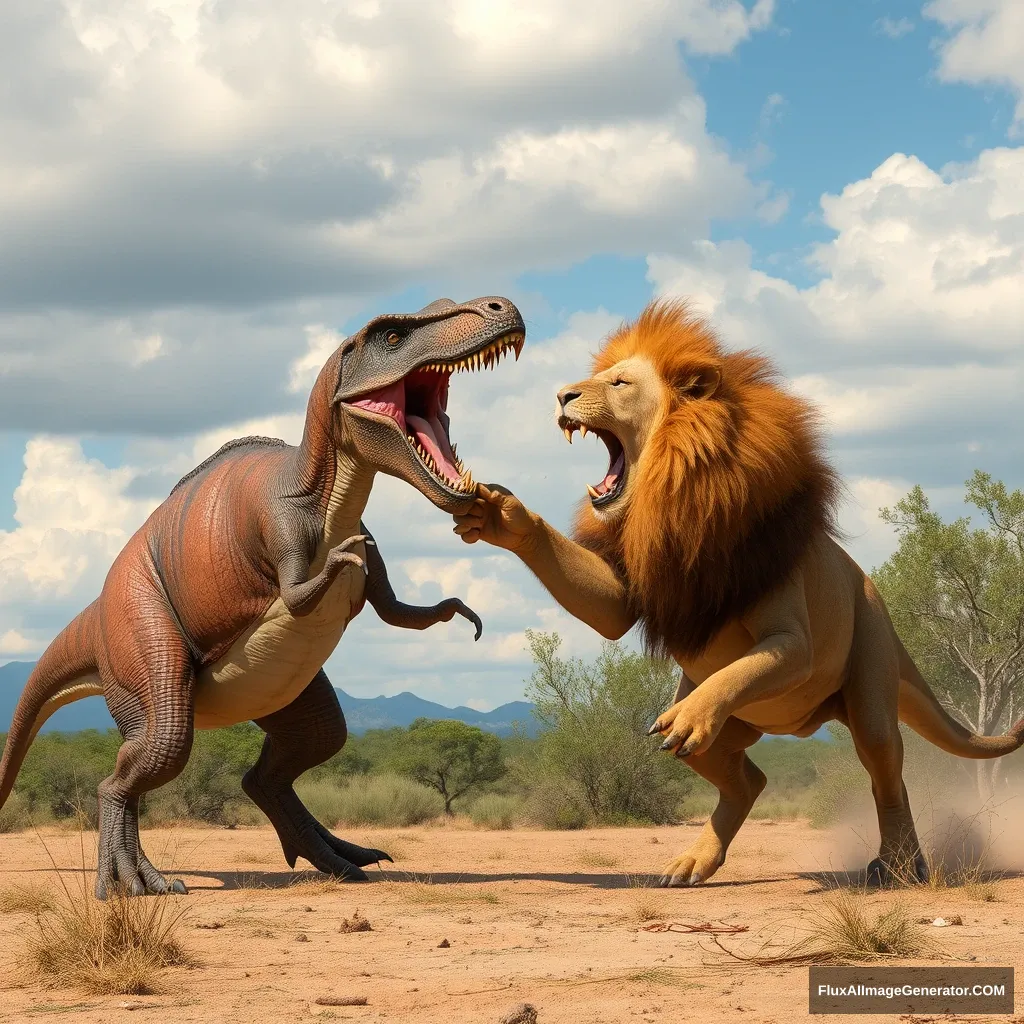 A lion fights with a dinosaur.