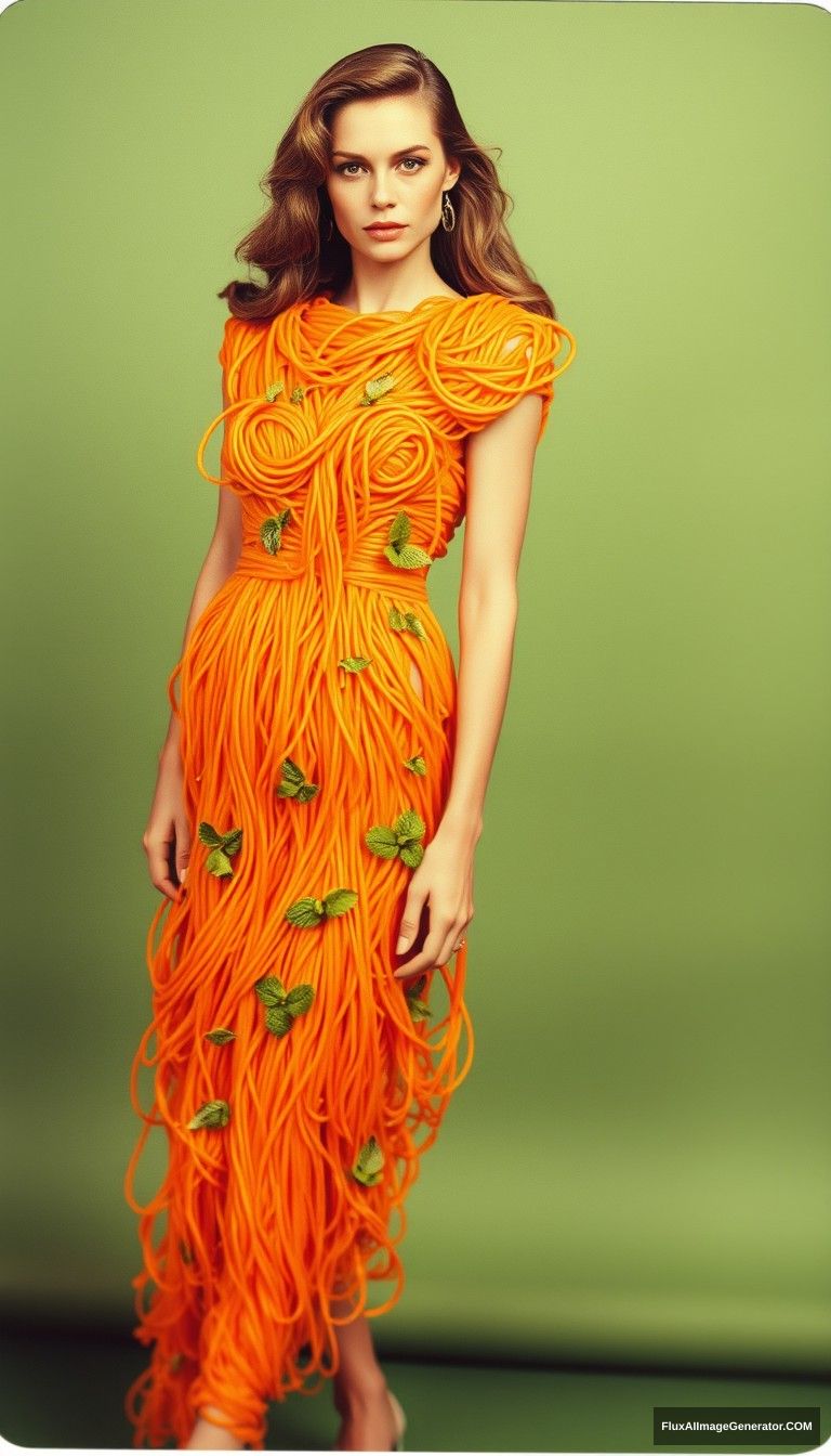 A 1980s blurry polaroid of a fashion model stands gracefully against a muted green background, wearing a striking dress made entirely of vibrant orange spaghetti noodles. The dress is intricately designed, with the noodles cascading and twisting around her figure, creating a unique and artistic silhouette. Delicate green mint leaves are scattered throughout the dress, adding a pop of color and a fresh touch. The model has long, wavy hair styled elegantly, and her expression is serene and confident. The lighting is soft, enhancing the textures of the noodles and the overall whimsical vibe of the outfit. - Image