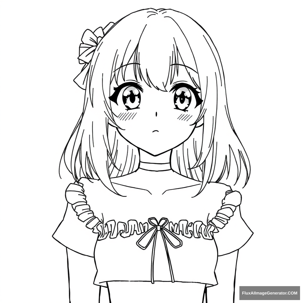 neat and simple line art character drawing. anime girl. beautiful. simple eyes. crop top - Image