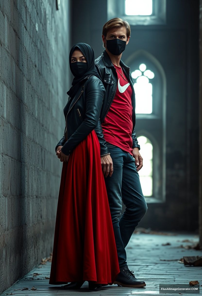 A big black hijab girl with beautiful eyes and a black face mask, wearing a black leather jacket and the biggest, longest red dress, is standing unnaturally tall and leaning against him.

Jamie Dornan, handsome with a black face mask, has a fit and tough body, wearing a red Nike t-shirt, a black leather jacket, and jeans, is a tall man leaning against the wall.

Hyper-realistic, photorealistic studio photography set in Victoria's abandoned castle, which appears gloomy.