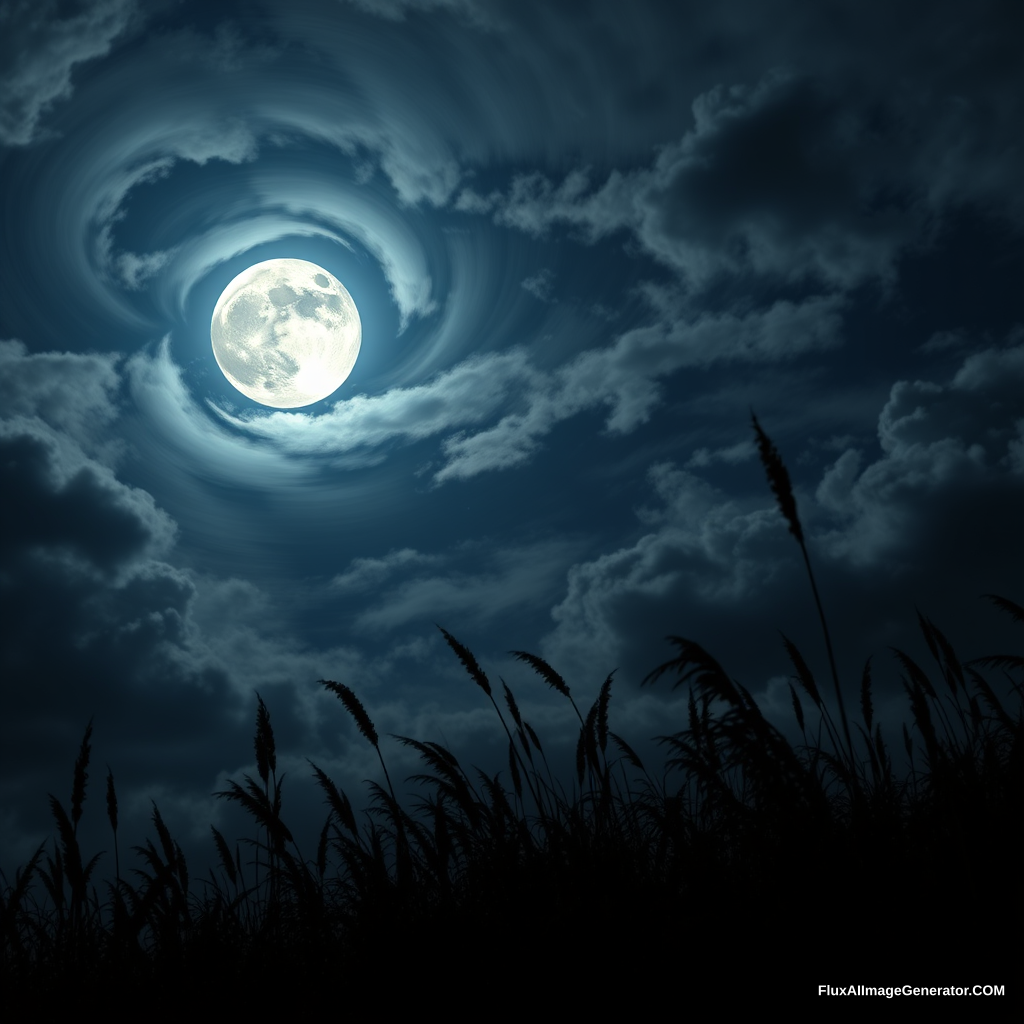 Moon and moonlight, natural vegetation in the background, epic scene, lots of swirling clouds, high contrast, high detail, dark blue tones, uhd