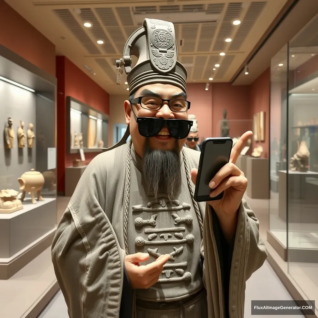 The museum exhibits ancient artifacts, with Qin Shi Huang wearing sunglasses and looking at a phone, making a V sign, in a humorous shot with funny actions, interesting work, exhibits, and a big toothy smile.