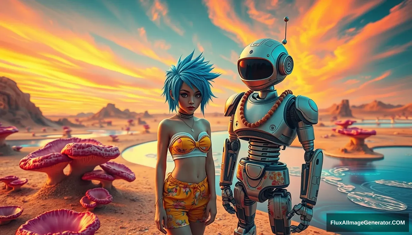 Cinematic Photo of a couple in the intricate style of Enki Bilal: A delicious attractive punk girl with electric blue spiky hair and a charming retro-futuristic robot in Hawaiian shorts, small spaceship nearby. Scene: on a surreal alien Desert adorned with iridescent fungi and shimmering lakes, all beneath a vibrant, dreamlike sky.