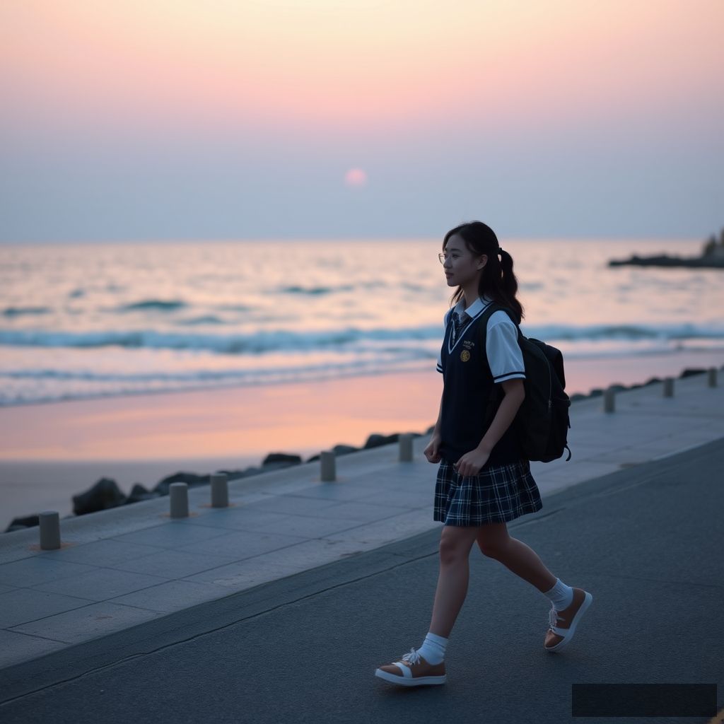 A female student walking by the seaside, beach, dusk, Chinese person, street, school uniform. - Image