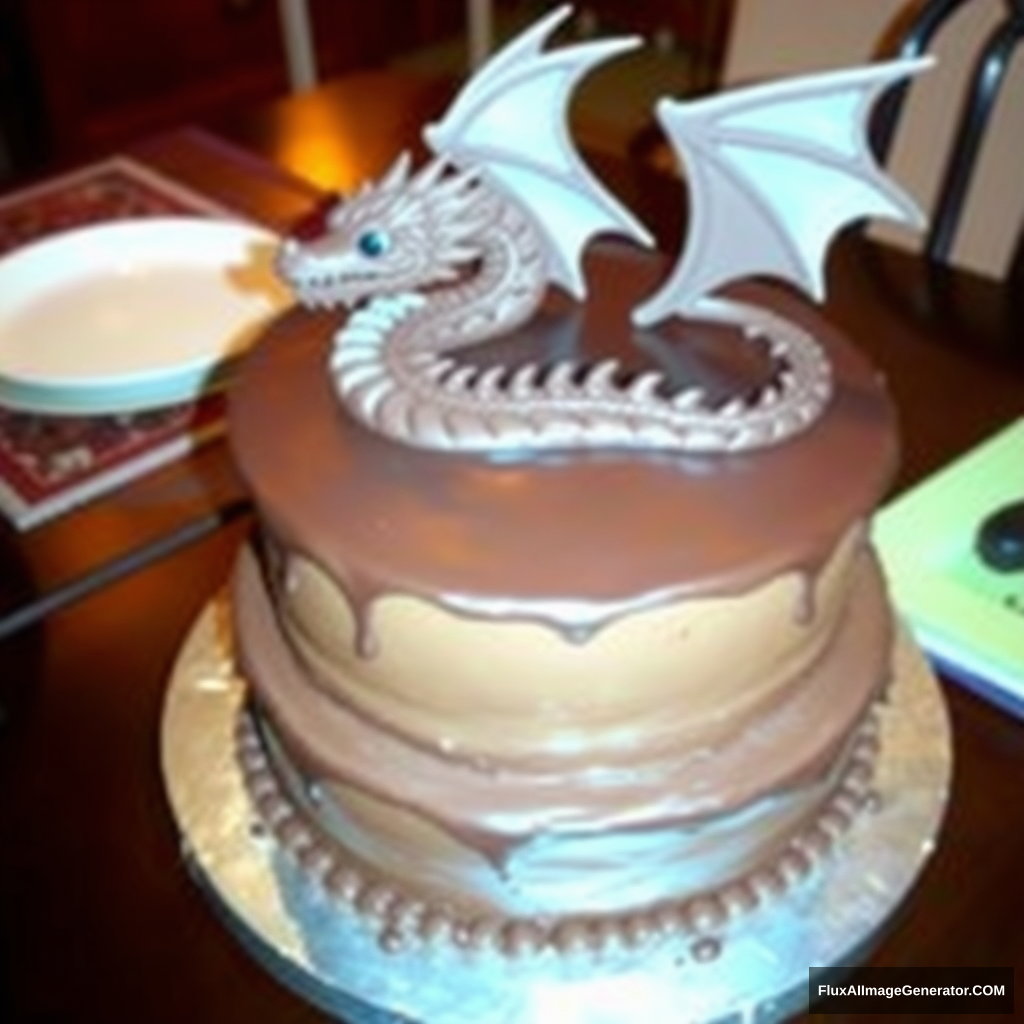 A chocolate cake with a "Dragon" pattern on top, three layers, placed on the dining table at home.