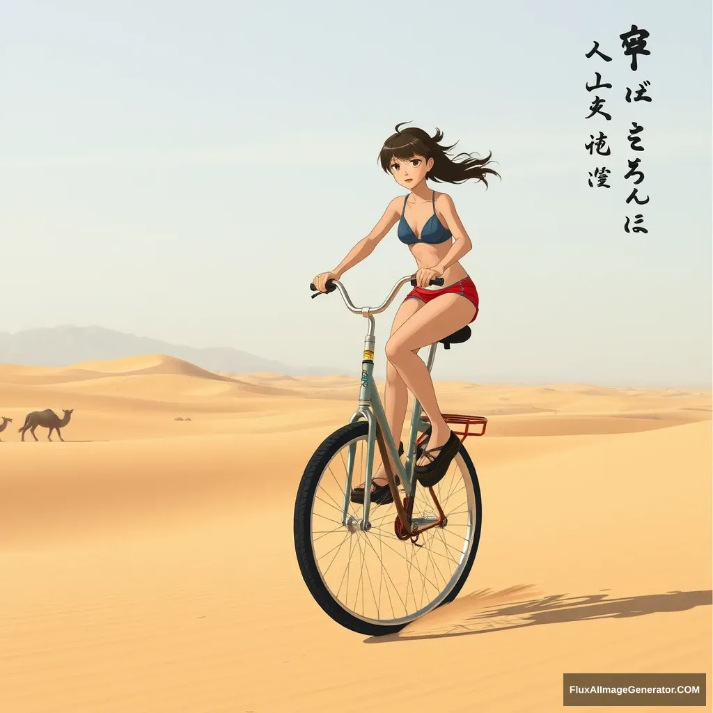 In the desert, someone is riding a unicycle; she is very hot, so she is not wearing much. Also, there are Chinese characters or Japanese. - Image