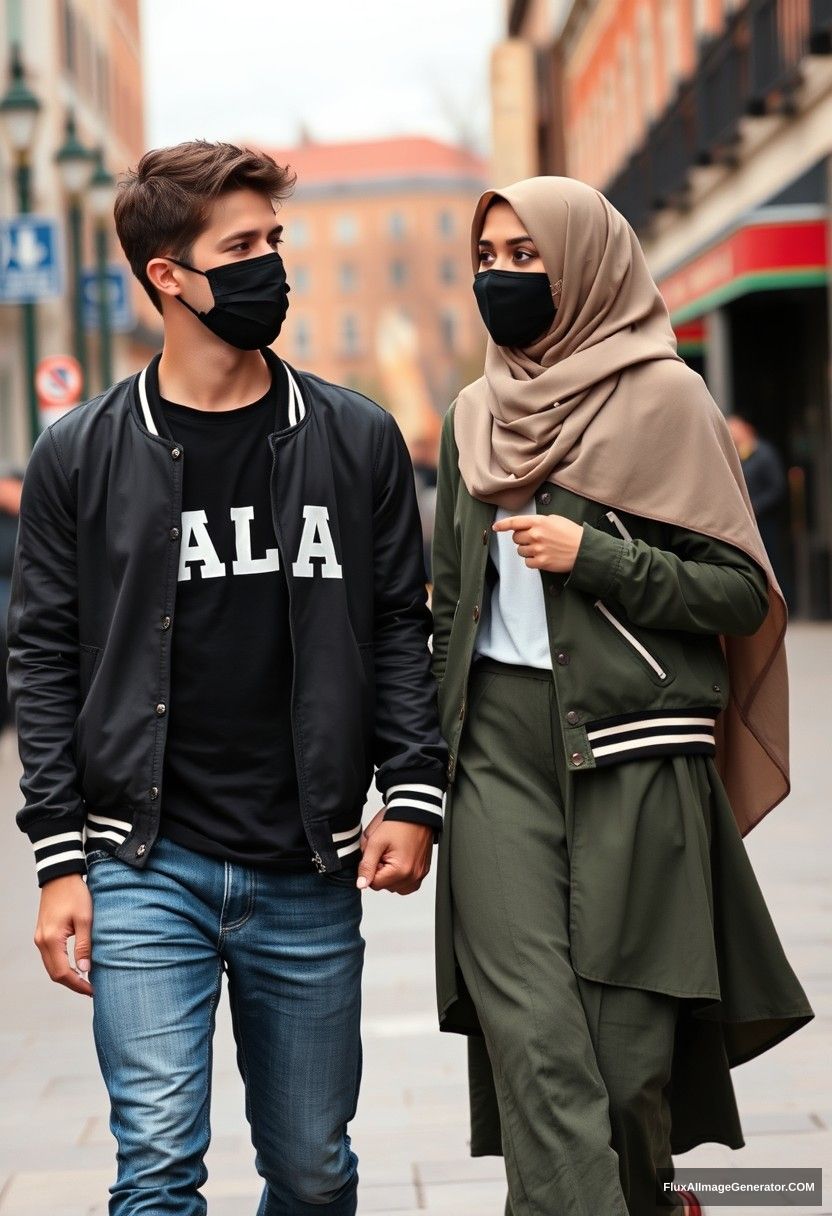 Jamie Dornan, young, black face mask, black T-shirt, capital A collage jacket, jeans, red sneakers, dating romantically with a beautiful Muslim girl wearing the biggest army green hijab, beautiful eyes, black face mask, college jacket, the longest skirt, sneakers, not a tall girl, photorealistic, realistic, street photography, full photography. - Image