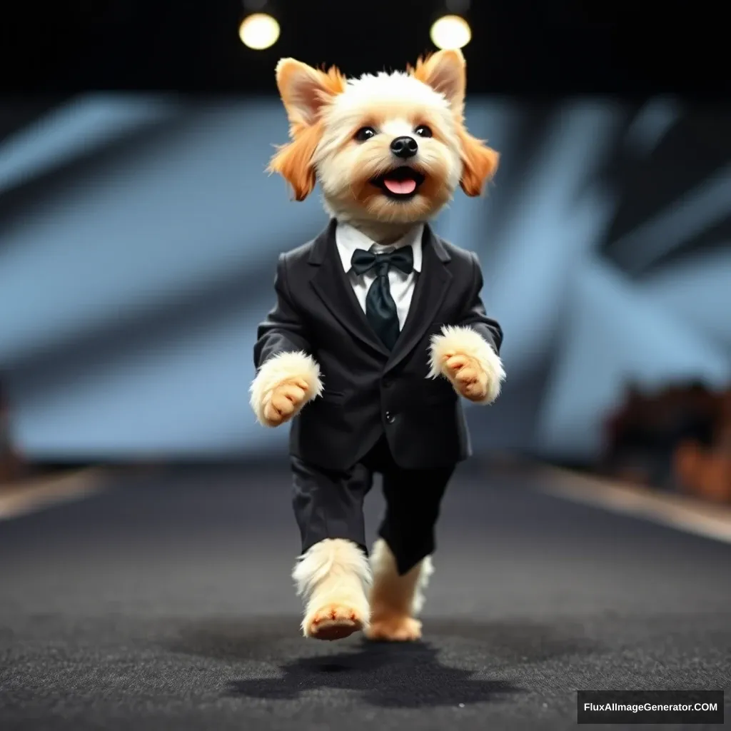 A puppy model in a suit walking on two legs on stage.