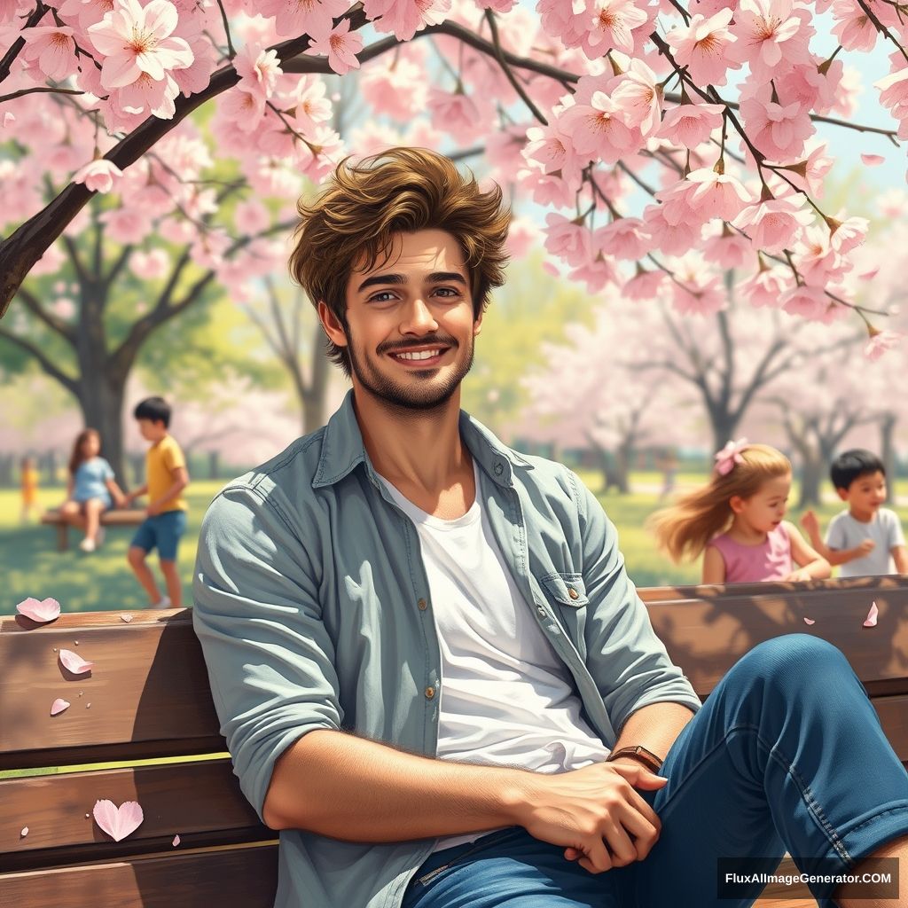 A sunny, handsome guy looking for a girlfriend, slightly tousled hair and a stubbled jaw, exuding confidence with a friendly gesture, sitting on a park bench surrounded by cherry blossom trees, petals gently falling around him, children playing and laughing in the background, composition centered on the guy’s relaxed posture while capturing the lively activity around him, a mood of joy and anticipation, hinting at the beginnings of love, painting, rich colors applied with broad brushstrokes conveying happiness, --ar 16:9 --v 5.