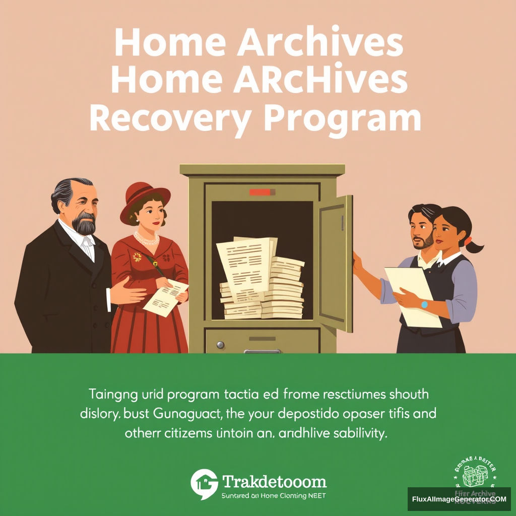 Create a promotional poster for a program called: Home Archives Recovery Program. The poster should depict historical figures from Guanajuato and other citizens depositing documents into an archive cabinet.