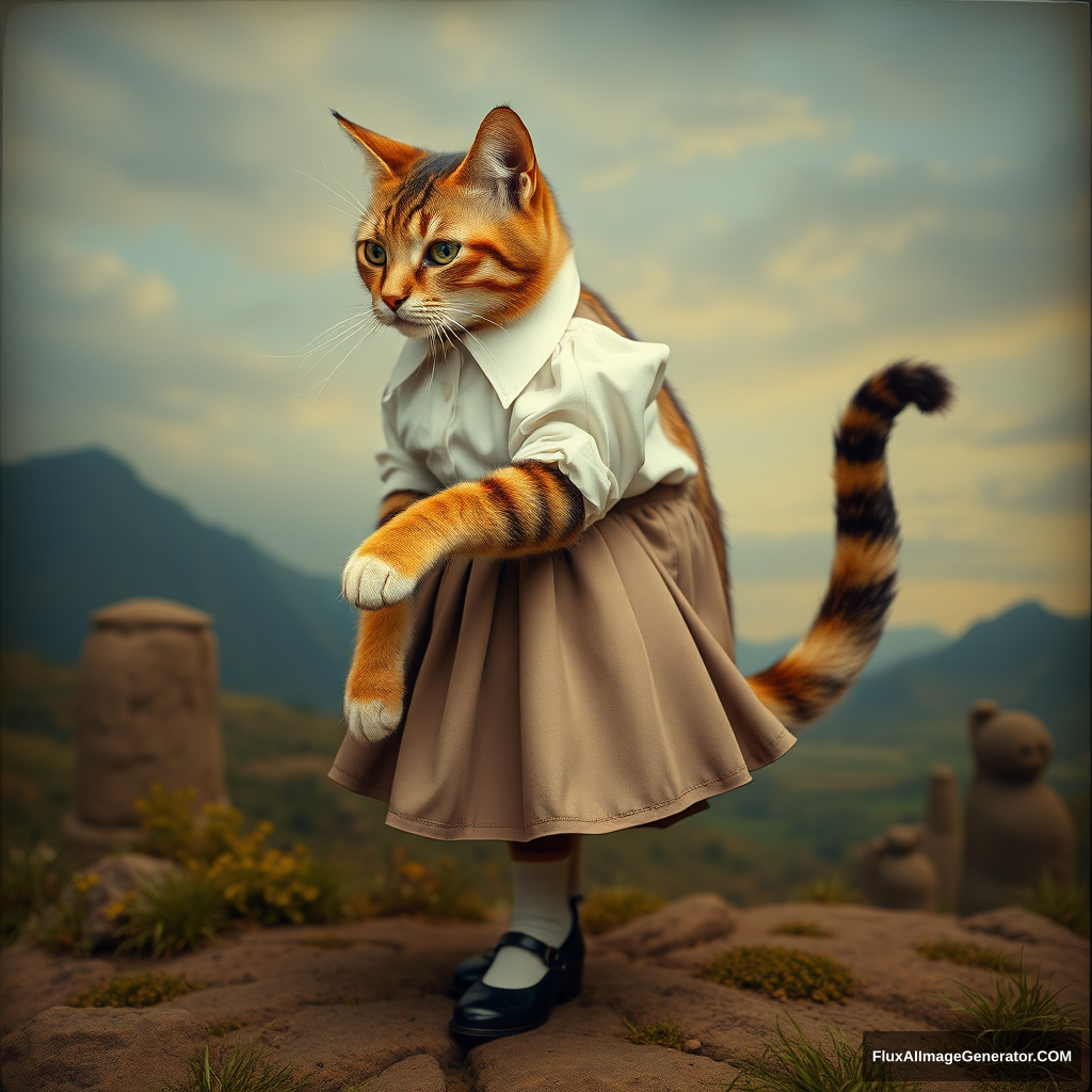 (surrealist photography of an anthropomorphic cat, cat paw, dressed in a pleated skirt with a blouse tucked in and Mary Jane shoes), (strange landscape), detailed