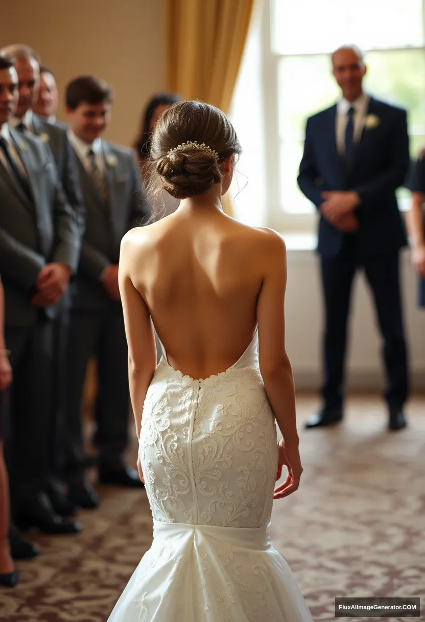 A short young woman, sensitive, delicate, ashamed, in a backless, strapless, side-less, low-waisted, open-back contouring wedding dress that seems like it's going to fall any moment, in front of patriarchy, expectations.