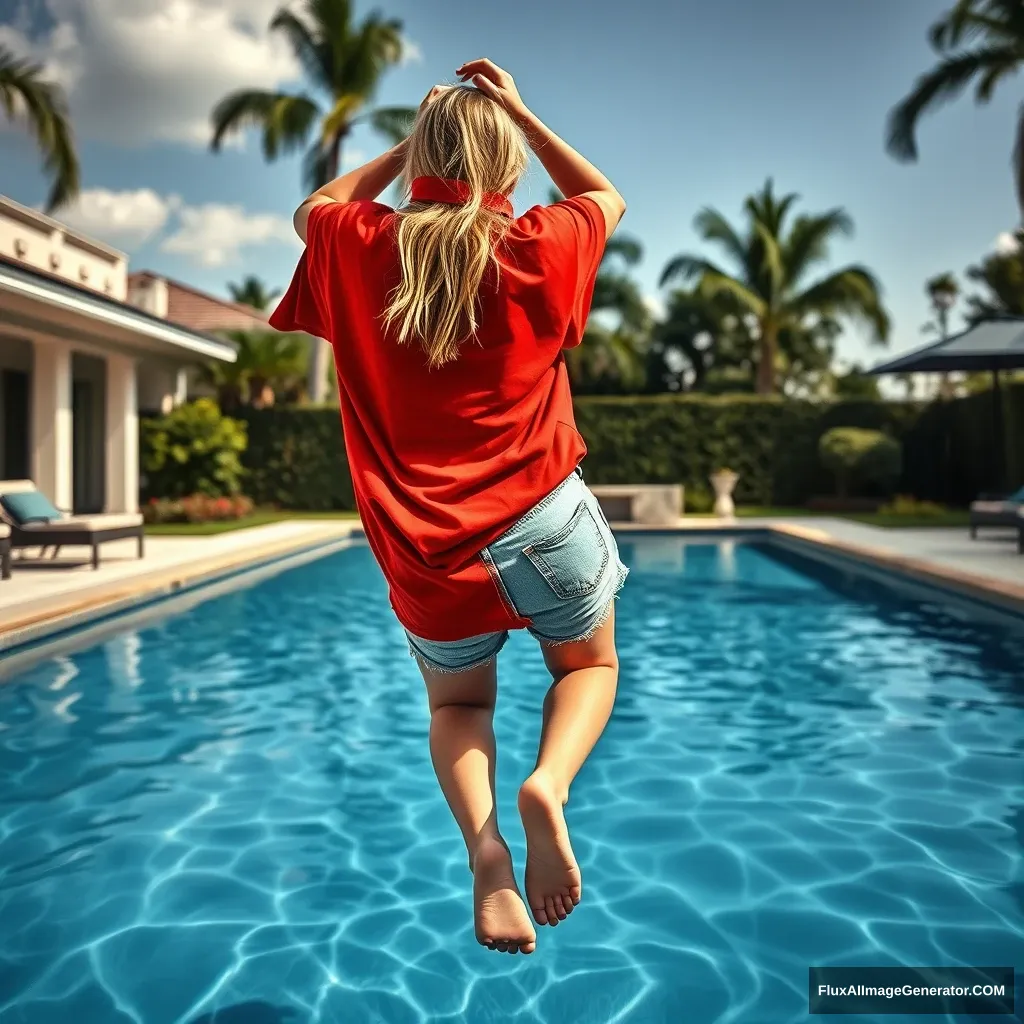 Back view of a young blonde skinny woman in her early twenties in her massive backyard, wearing a massively oversized red polo t-shirt that is slightly off balance on one shoulder. The bottom part of her t-shirt is tucked in on all sides. She is also wearing size M light blue denim shorts and is barefoot, with no shoes or socks. She dives into her massive luxurious pool upside-down. - Image