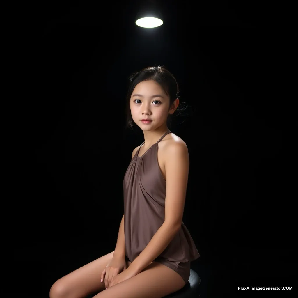 Background: Black background and a beam of light overhead, soft lighting. Light focused on the girl's face, A 24-year-old girl looked at me. The girl was wearing a graceful halter top. Full body portrait, sitting on a black stool.