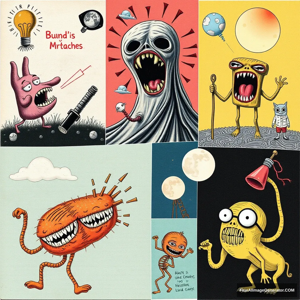 Collage of different crazy weird illustrations.