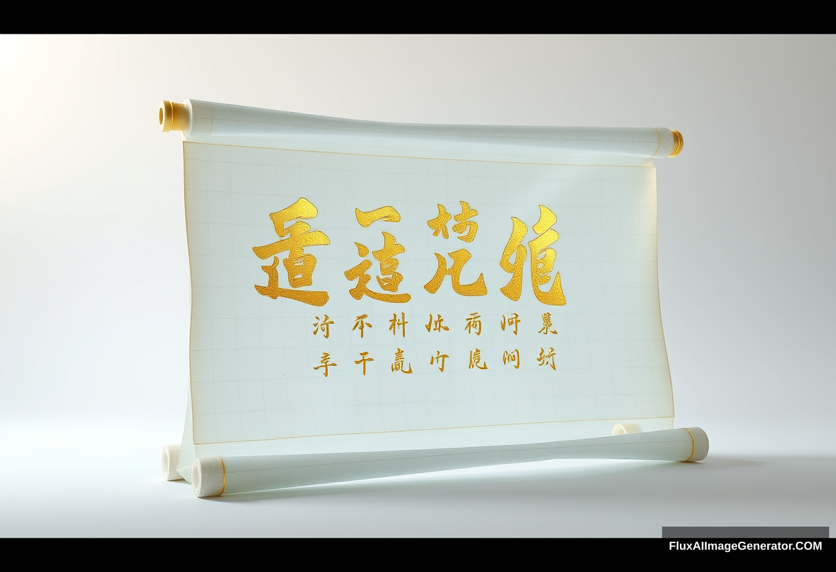 Sculpture, an unrolled ancient Chinese rice paper scroll, standing up and placed, glass material, on which Chinese characters are written in gold, transparent, light blue, white, light gold; c4d, ocrenderer, dreamy, combination of ancient and futuristic, three-dimensional ancient style, large area blank, Chen Wild, shift axis photography, backlight, volume light, natural light, stage light, clean background, 3D style Science Fiction. - Image