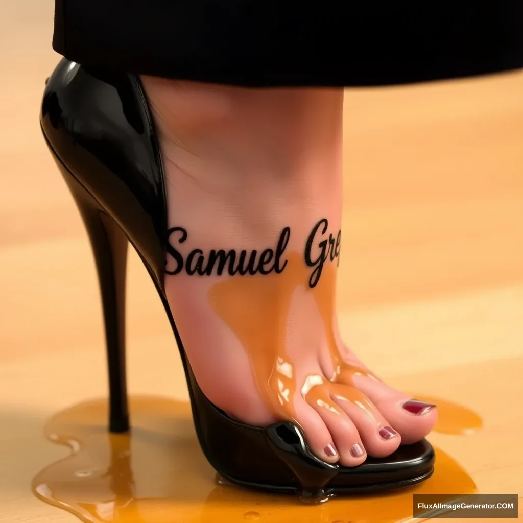 The name "Samuel Greg" on a woman's foot in a black high heel. There is oil all over the foot. - Image