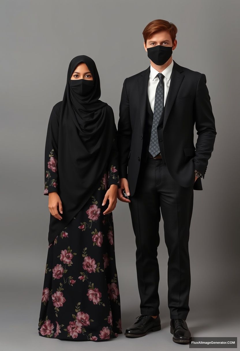 A biggest black hijab girl, slim girl, beautiful eyes, face mask black, biggest floral longest dress, standing

Jamie Dornan, youngest, black suit coat, white shirt, grey pattern tie, black leather sneaker, tall man, face mask black, fit tough body, standing near her,

hyper realistic, studio photography - Image