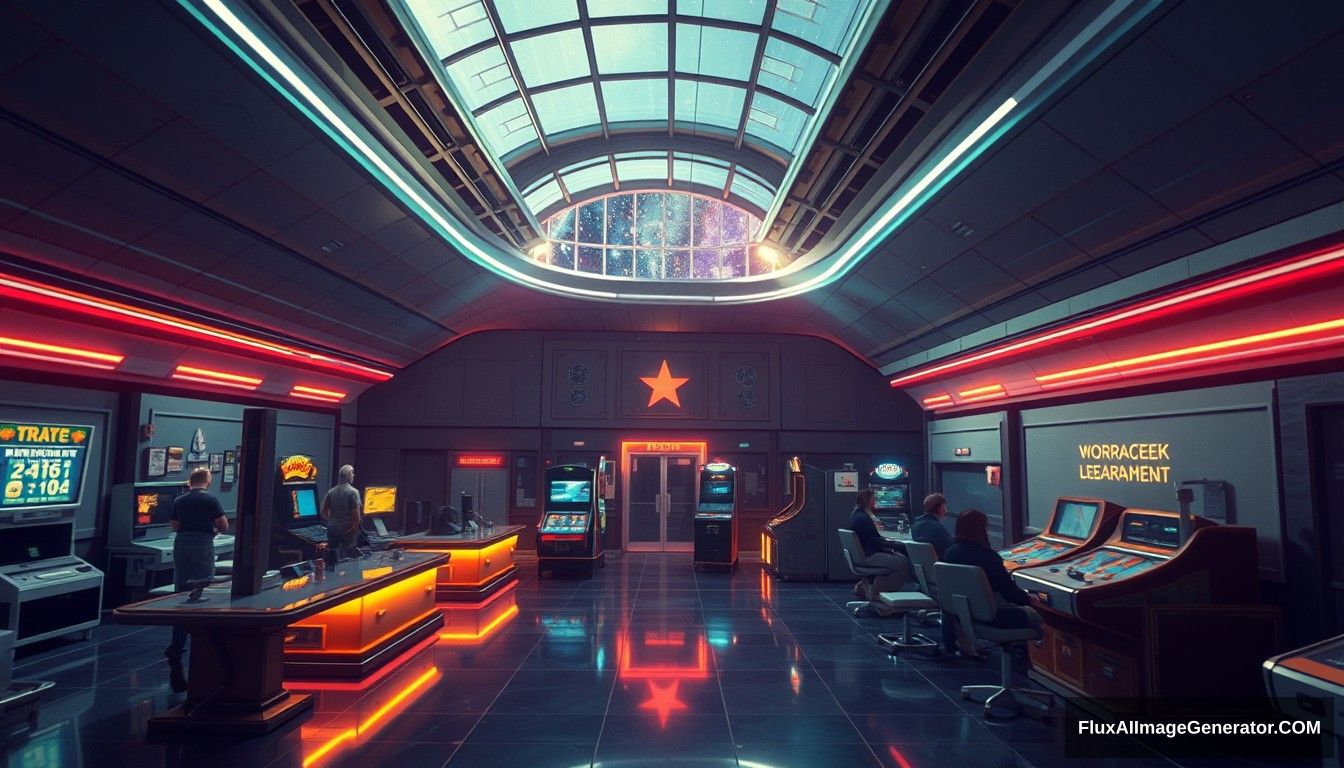 Cel shaded art, wide shot, from above, Dutch angle, from side, perspective, intense angle, depth of field space, universe, space station, lobby, sunlight, retro, 70s, indoor, night, star, neon, warm light, game room, entertainment, glass ceiling.