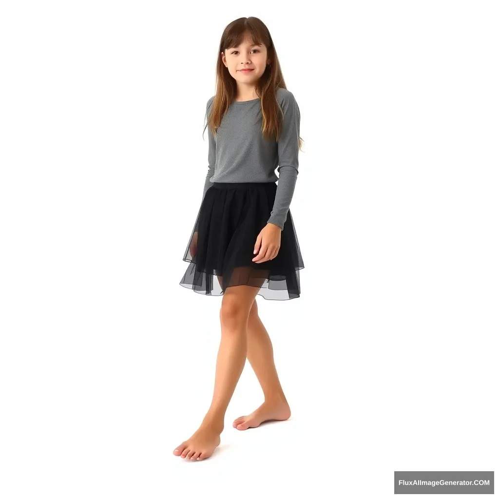 Create a photo of a girl who is 16 years old, wearing a short black layered skirt and a gray top. She is barefoot. The background is white, no text. The person is fully visible and facing forward. She is taking a step forward. - Image