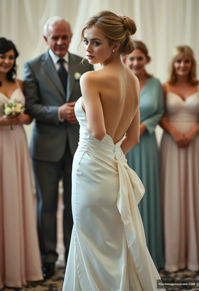 A short young woman, sensitive and delicate, wearing a backless, strapless, side-less, low-waisted contouring wedding dress with a breezy, loose open back spilling to the sides, as if it was intentionally left undone, in front of elder patriarchy. Expectations. Perfect posture. Pale skin. - Image