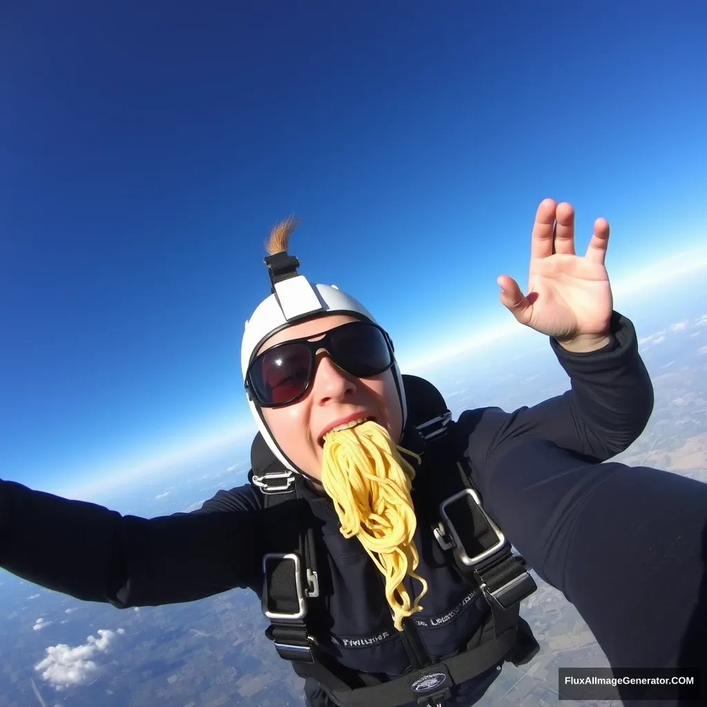 "A person is eating noodles while skydiving."