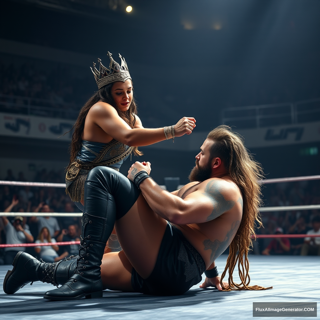 A very very very very very beautiful and gorgeous ancient Queen Queen of wrestling gives a submission move to a man in the middle of the arena. - Image