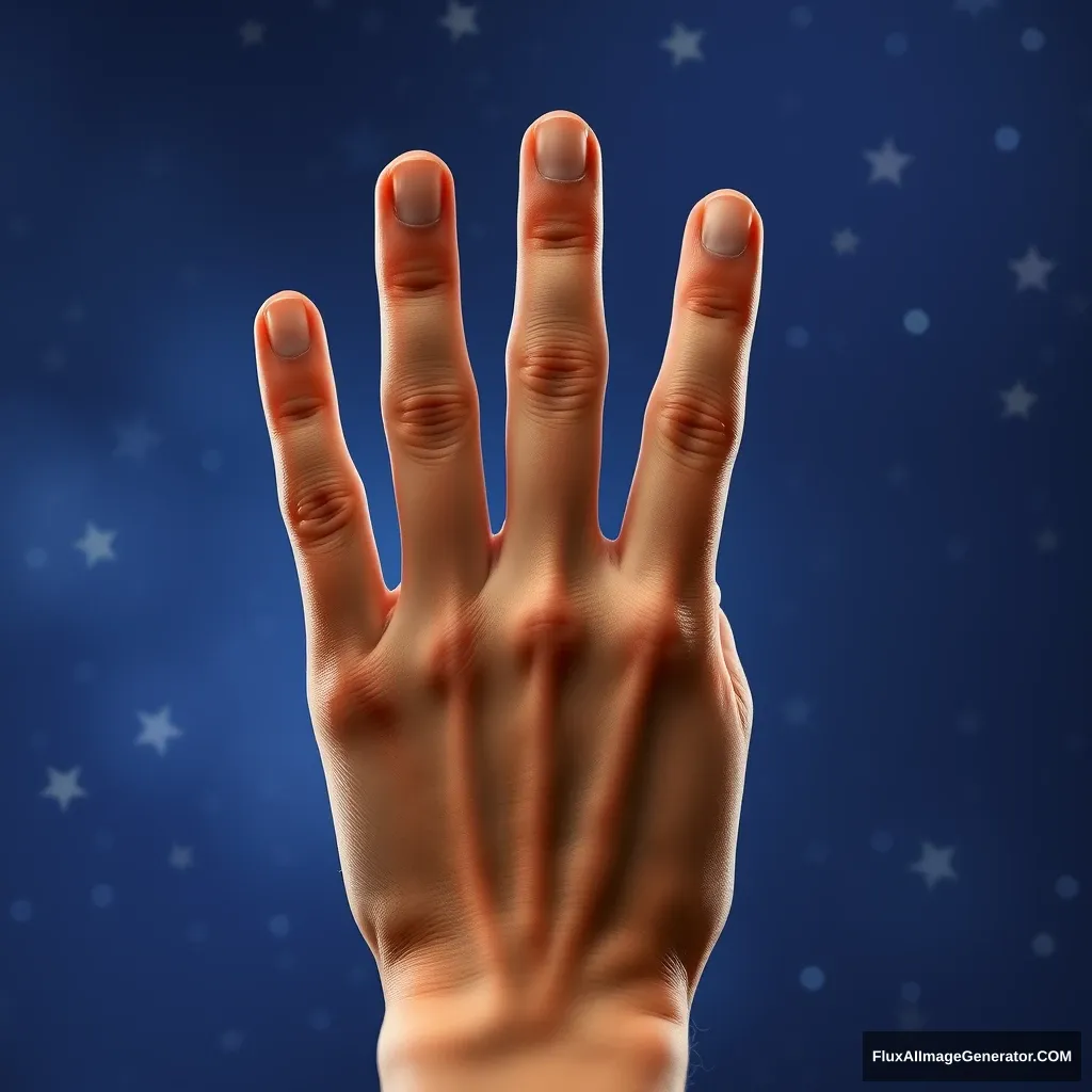 A hand holding up five fingers with a starry background.