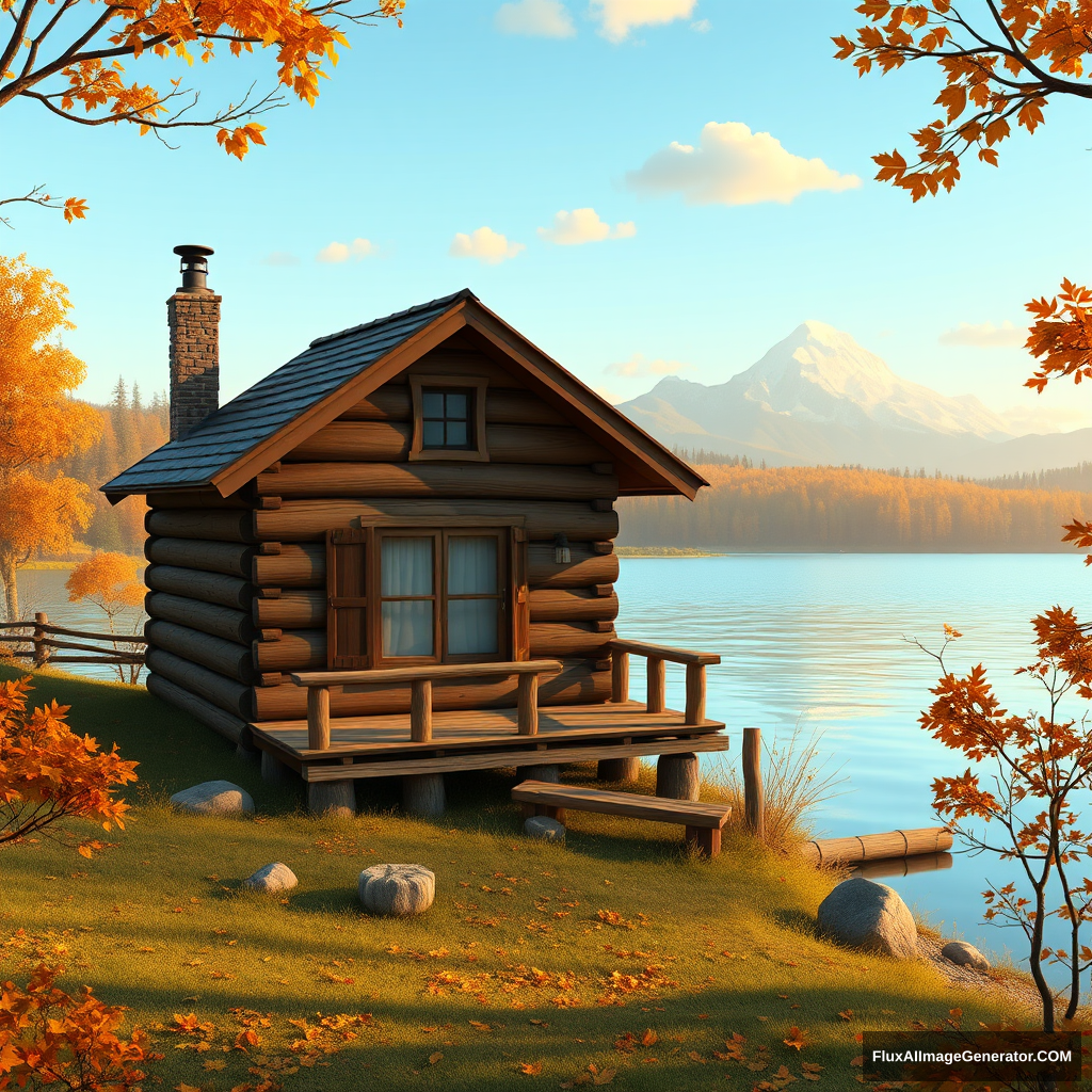 Create a full frame Pixar-style 8k image with 1520x1440 aspect ratio of a cabin by a lake in the Fall.