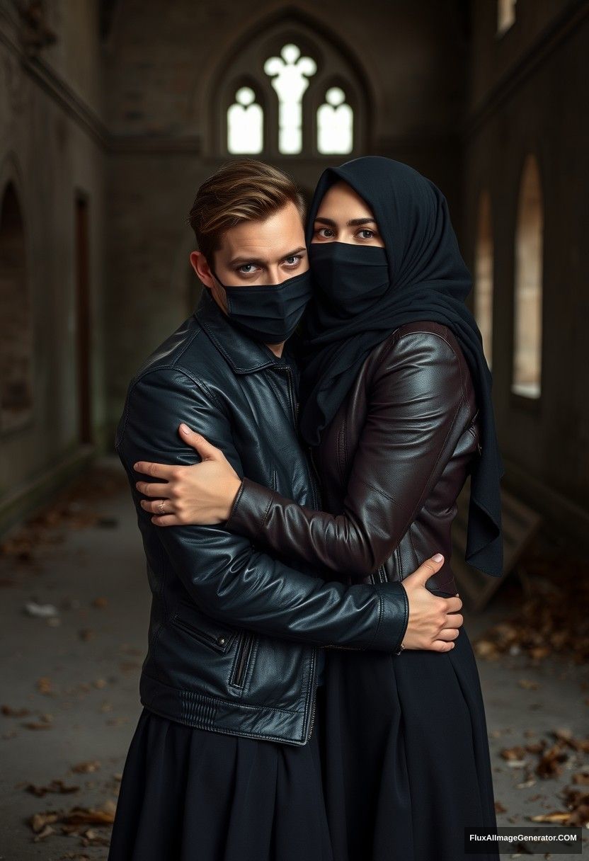 Jamie Dornan's head and body shot, handsome, face mask black, black leather jacket, dating, love hug with the biggest black hijab Muslim girl, not tall, beautiful eyes, face mask, maroon leather jacket, biggest black skirt, hyper realistic, studio photography, full body photo, explore at abandoned castle, gloomy.