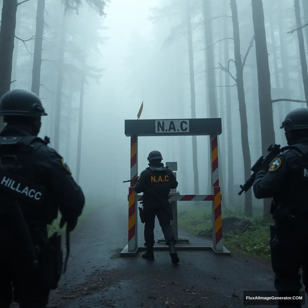 Checkpoint with soldiers in dark gear, with black and orange inscription N.A.C. in the forest, in the fog.