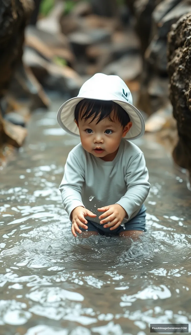 A 20-month-old Korean child with a white hat is playing in a watery ravine, 8K, hyper-realistic photo.